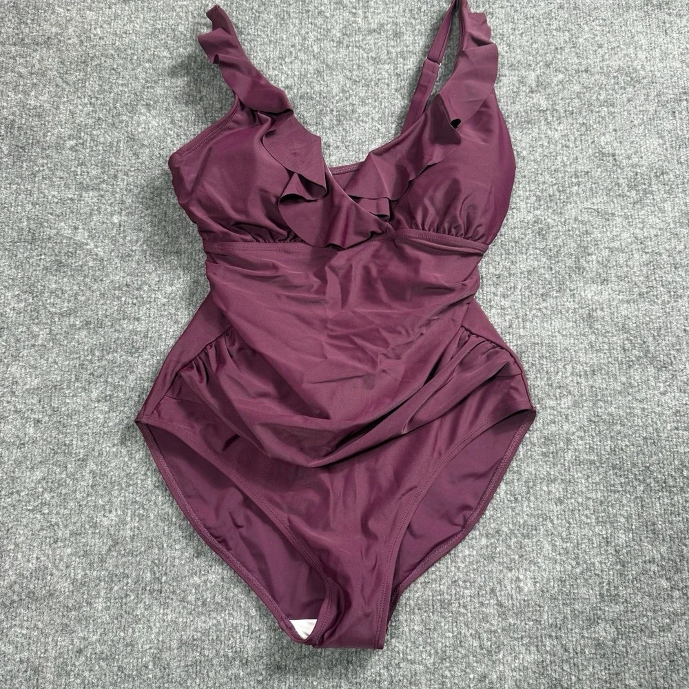 Plum Purple Ruffle One Piece Swimsuit Ruched Tummy‎ Control V-Neck Bathing Suit
